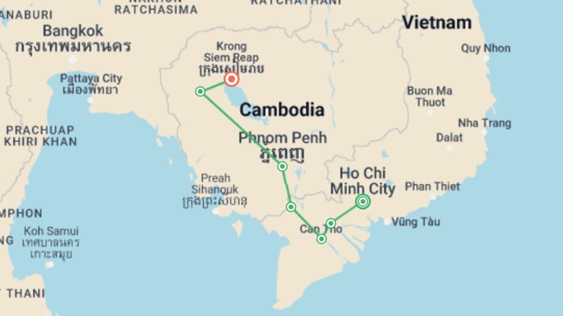 A map showing the tour itinerary for the trip: Best of Cambodia & South Vietnam (4 Star Hotels), starting in Ho Chi Minh City, Vietnam and ending in Siem Reap, Cambodia going through 6 other destinations.