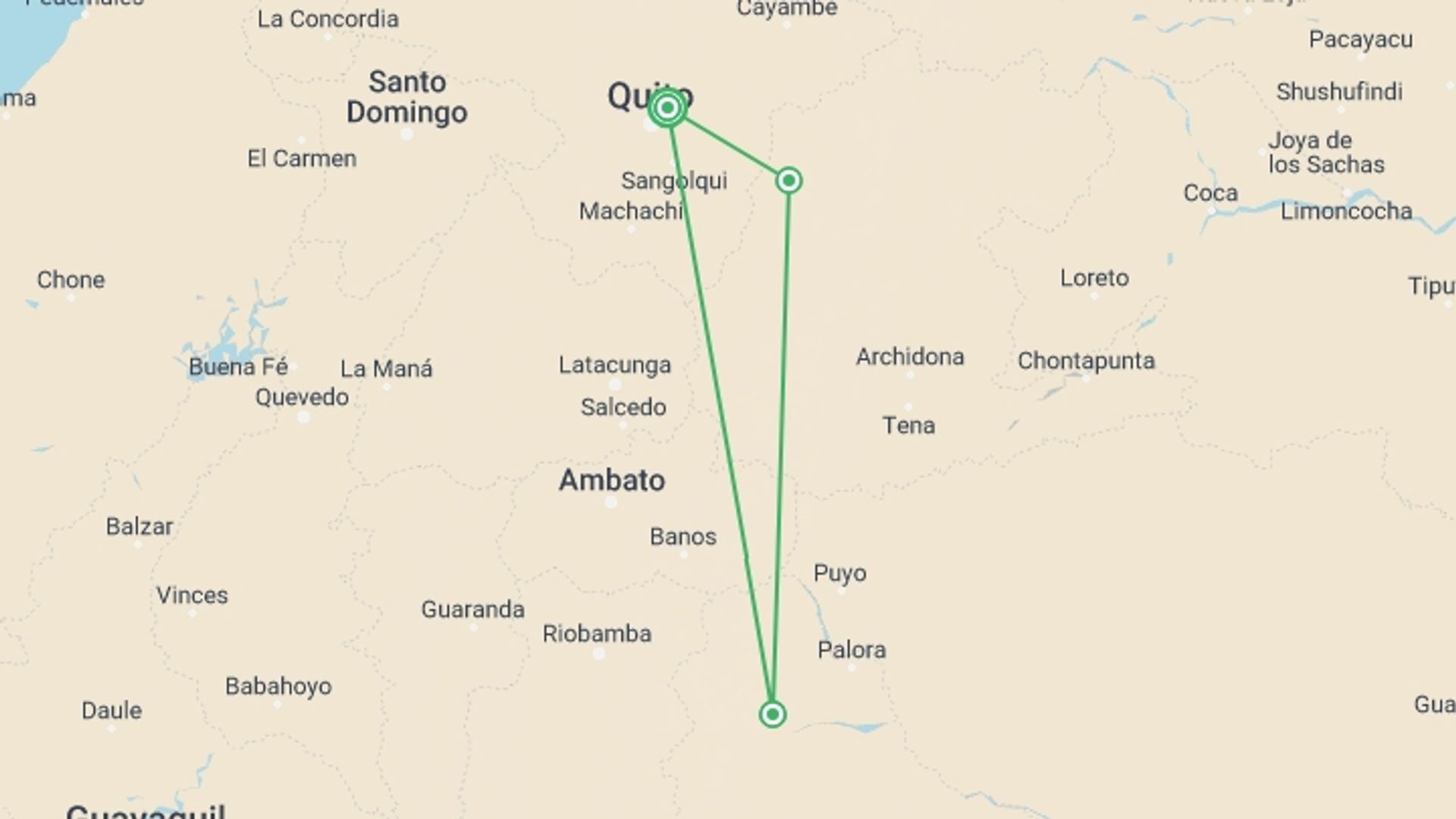 A map showing the tour itinerary for the trip: Ecuador Family Journey: Volcanoes and the Amazon, starting in Quito, Ecuador and ending in Quito, Ecuador going through 2 other destinations.
