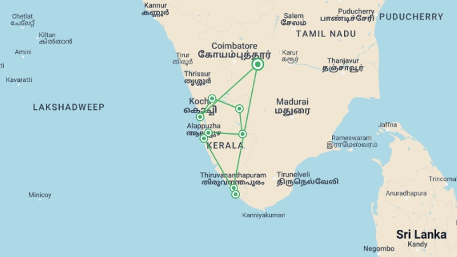 A map showing the tour itinerary for the trip: Kerala - Beaches, Backwaters and Waterfalls, starting in Kerala & Tamil Nadu, India and ending in Kerala & Tamil Nadu, India going through 9 other destinations.
