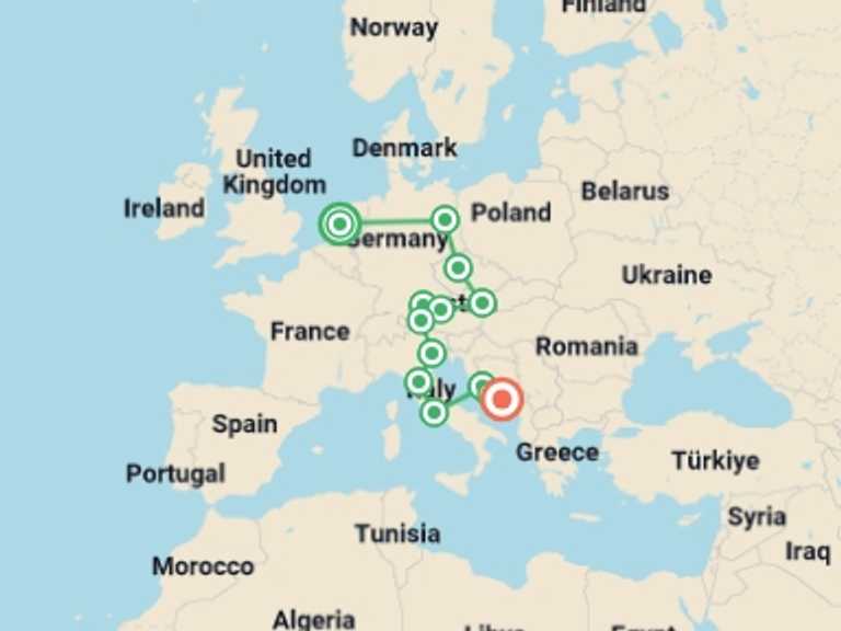 Map itinerary of Vienna Tour in June 2026 with 13 destination visits for the trip: Total Europe: Berlin, Prague & the Tastes of Italy
