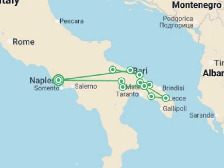 Map itinerary of Naples Tour in June 2026 with 5 destination visits for the trip: Secrets of Puglia