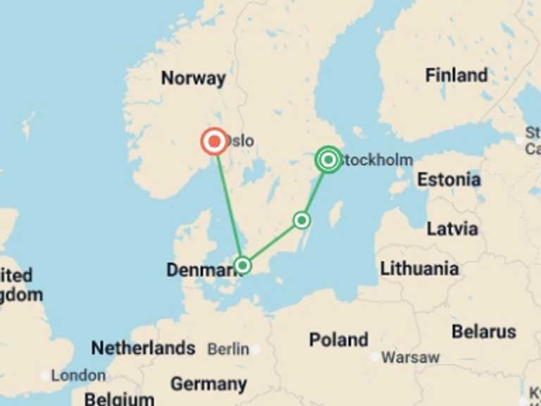 Map itinerary of Northern Europe Tour in July 2026 with 4 destination visits for the trip: Legends of the Scandinavian Capitals