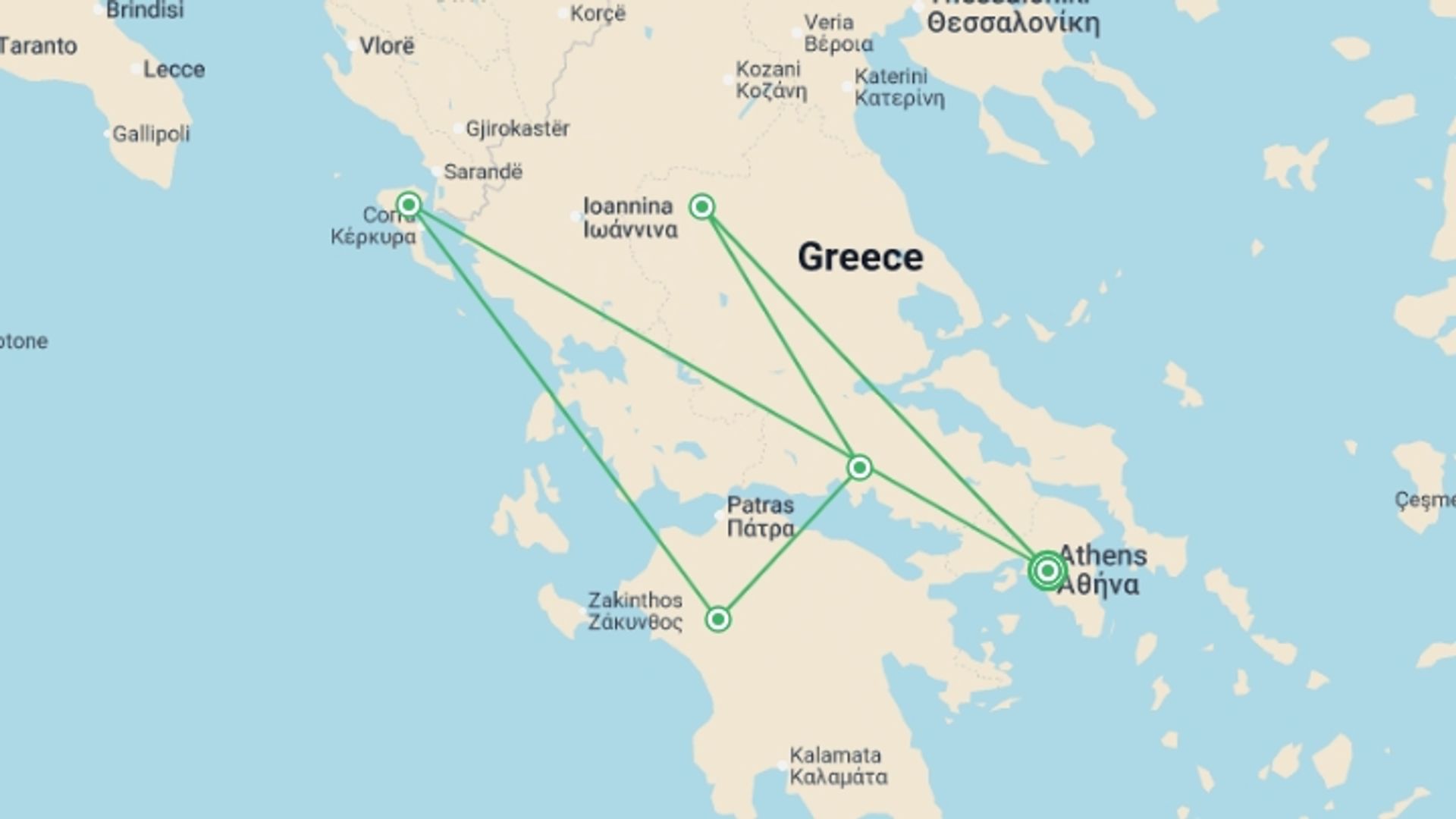 A map showing the tour itinerary for the trip: Unforgettable Ancient Greece, French-speaking Guide, starting in Athens, Greece and ending in Athens, Greece going through 4 other destinations.