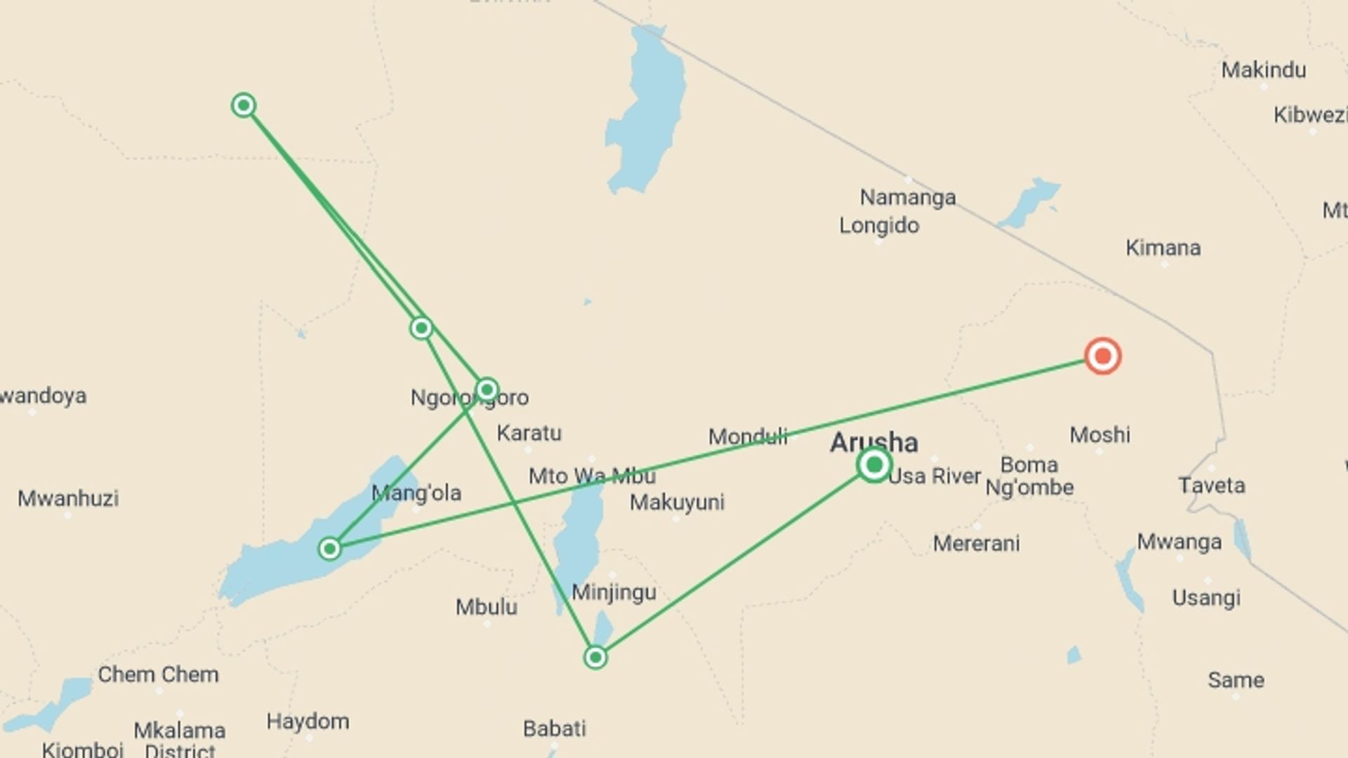 A map showing the tour itinerary for the trip: Tanzania Big Five Tour And Hunting With The Hadzabe , starting in Arusha, Tanzania and ending in Kilimanjaro, Tanzania going through 5 other destinations.