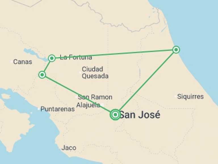 Map of Costa Rica Tour with 4 destination visits for the trip: Best of Costa Rica