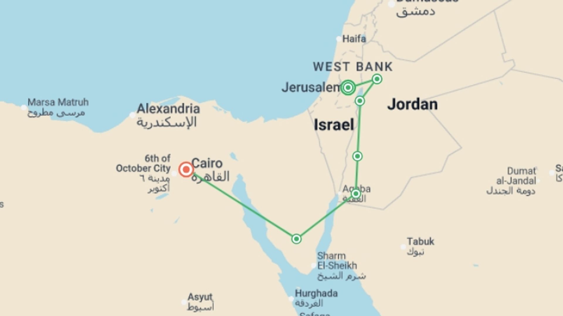 A map showing the tour itinerary for the trip: Classical Jerusalem, Jordan and Cairo, starting in Jerusalem, Israel and ending in Cairo, Egypt going through 5 other destinations.