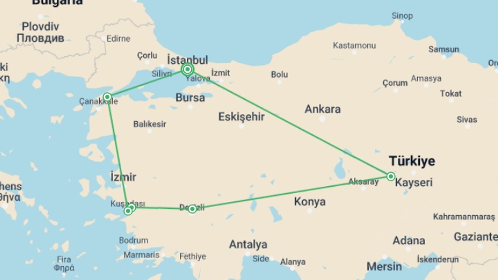 A map showing the tour itinerary for the trip: Turkey Unplugged - 10 Days, starting in Istanbul, Turkey and ending in Istanbul, Turkey going through 5 other destinations.