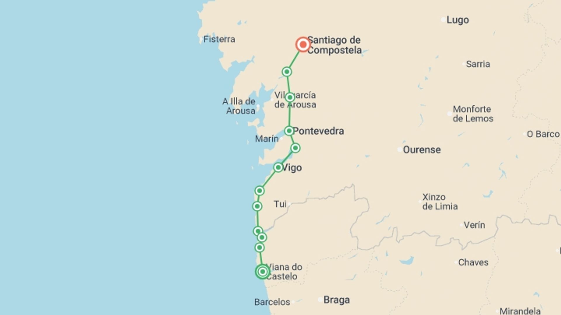 A map showing the tour itinerary for the trip: Portuguese Coastal Camino - Viana do Castelo to Santiago, starting in Viana Do Castelo, Portugal and ending in Santiago De Compostela, Spain going through 10 other destinations.