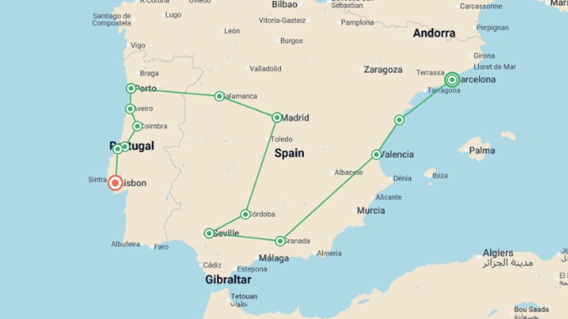 A map showing the tour itinerary for the trip: Best of Southern Spain & Portugal - 14 days, starting in Barcelona, Spain and ending in Lisbon, Portugal going through 6 other destinations.