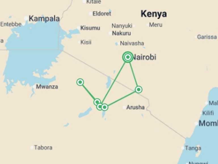 Map itinerary of Africa Tour in September 2026 with 7 destination visits for the trip: Serengeti Trail