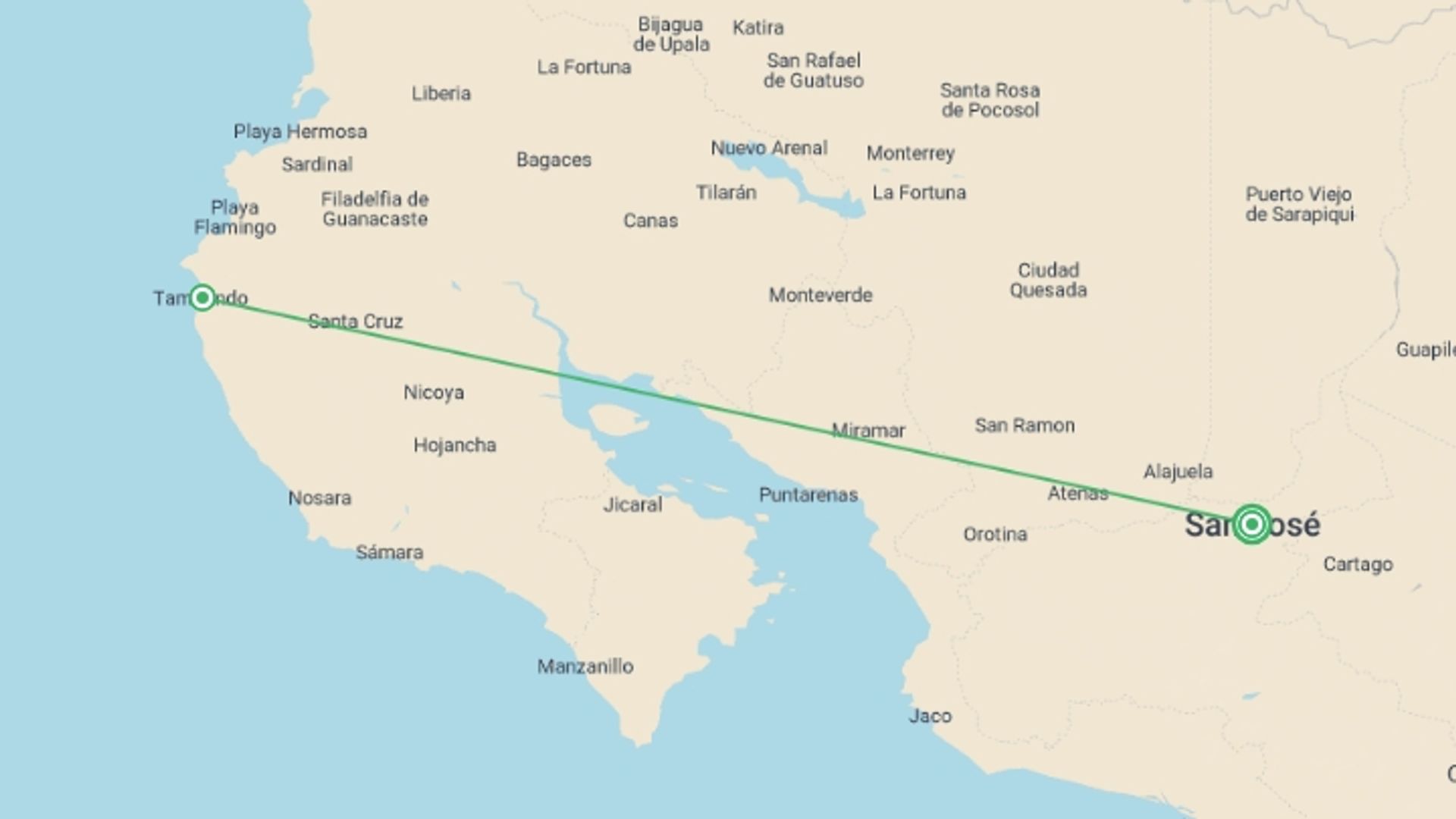 A map showing the tour itinerary for the trip: Tamarindo Beach Short Break From San Jose, starting in San Jose, Costa Rica and ending in San Jose, Costa Rica going through 1 other destinations.