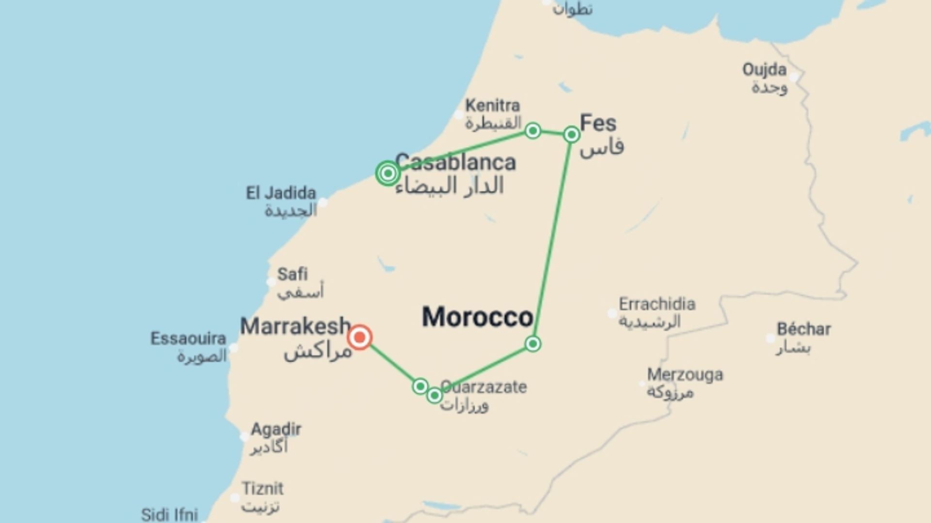 A map showing the tour itinerary for the trip: Essential Morocco - 8 days, starting in Casablanca, Morocco and ending in Marrakech, Morocco going through 3 other destinations.