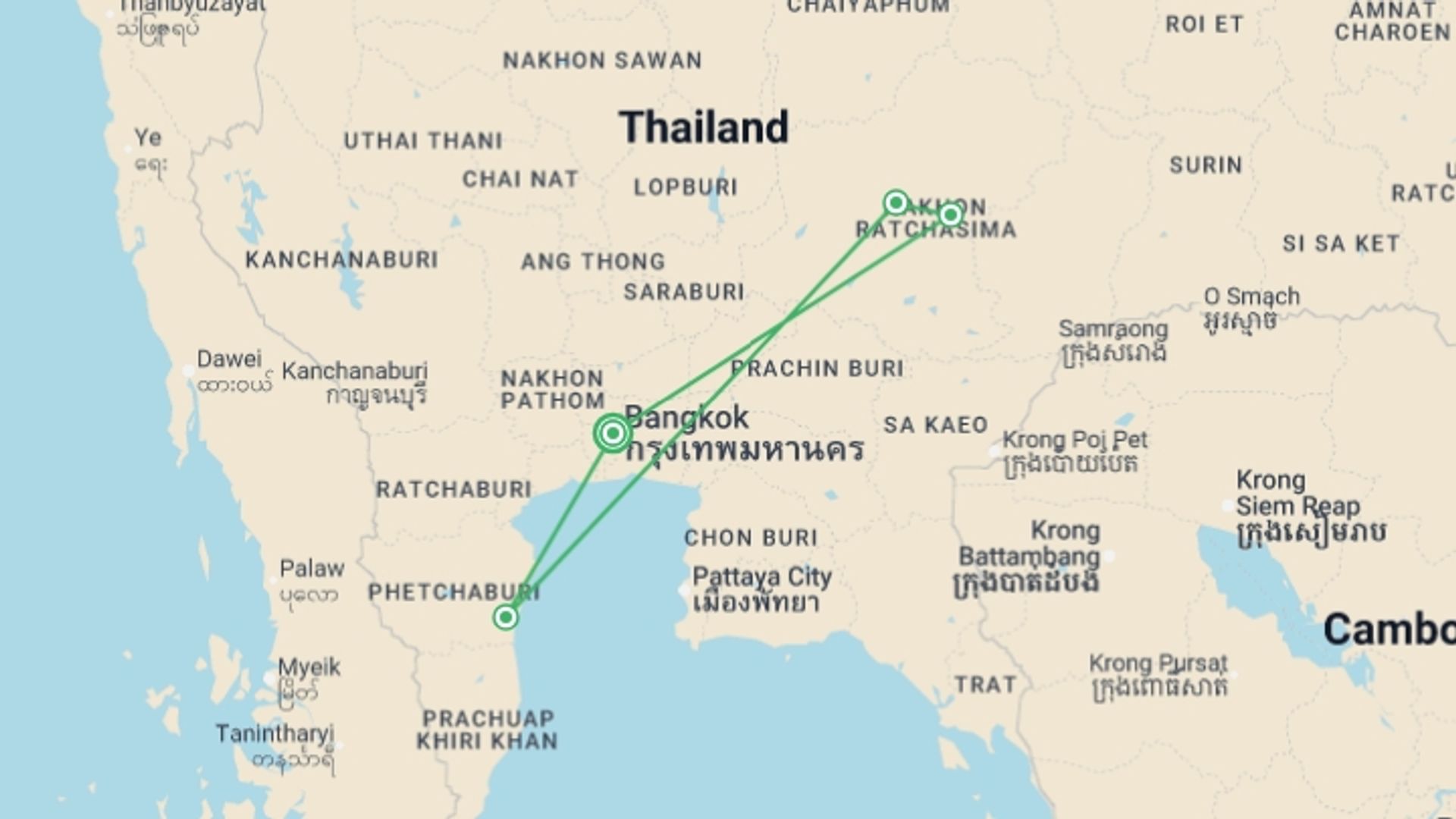 A map showing the tour itinerary for the trip: Treasures of Thailand - 5 days, starting in Bangkok, Thailand and ending in Bangkok, Thailand going through 3 other destinations.