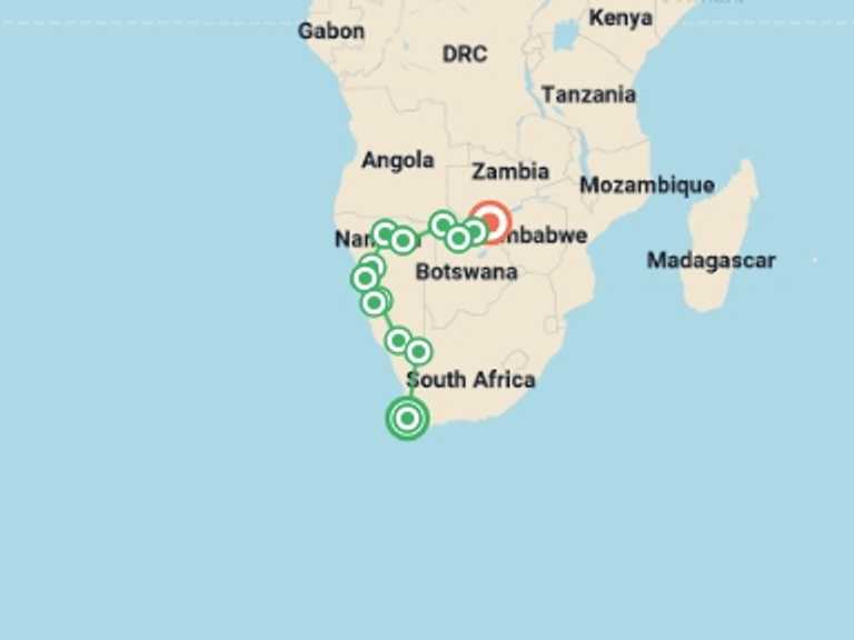 Map itinerary of Swakopmund Tour in August 2026 with 13 destination visits for the trip: Cape Town to Vic Falls