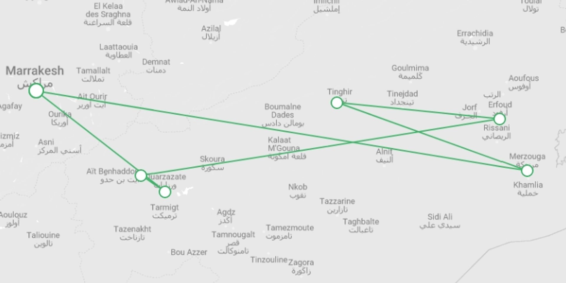 A map showing the tour itinerary for the trip: 3 days desert Tour From Marrakech to Merzouga, starting in Marrakech, Morocco and ending in Marrakech, Morocco going through 5 other destinations.