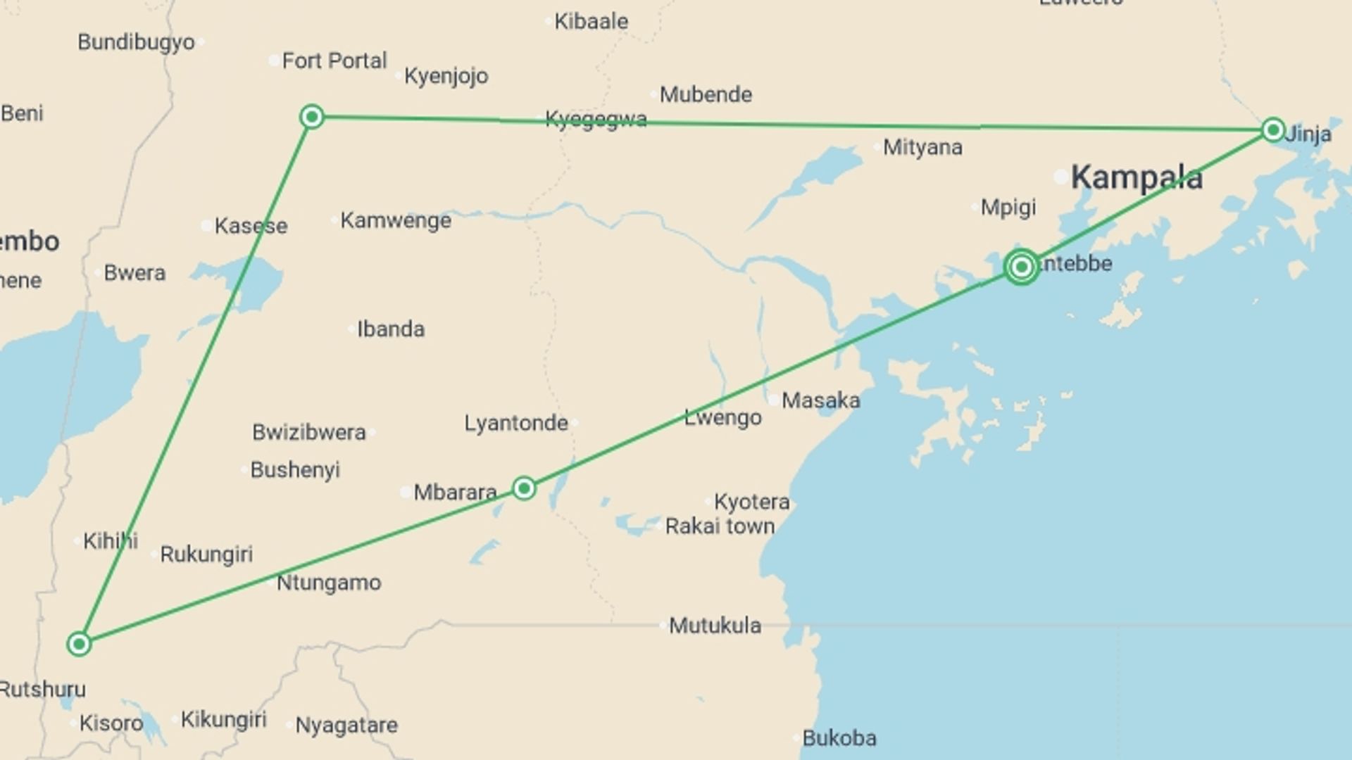 A map showing the tour itinerary for the trip: Essential Uganda: Gorillas and Chimps, starting in Entebbe, Uganda and ending in Entebbe, Uganda going through 4 other destinations.