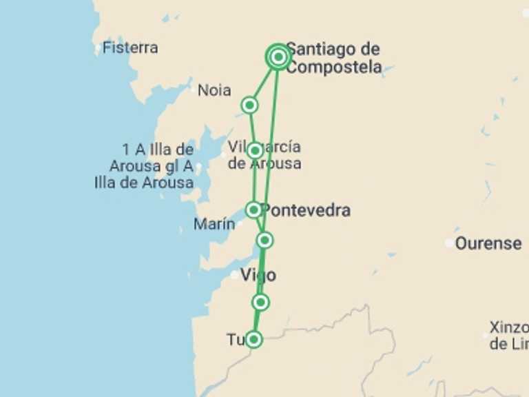 Map itinerary of Spain Tour in August 2026 with 6 destination visits for the trip: Portuguese Camino - Tui to Santiago