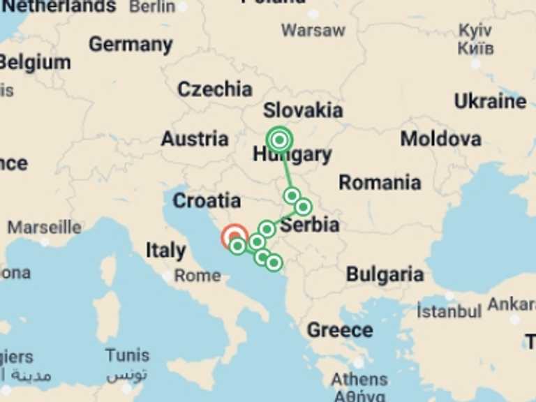 Map of 15-Day Europe Tour with 9 destination visits for the trip: Croatia and the Balkans