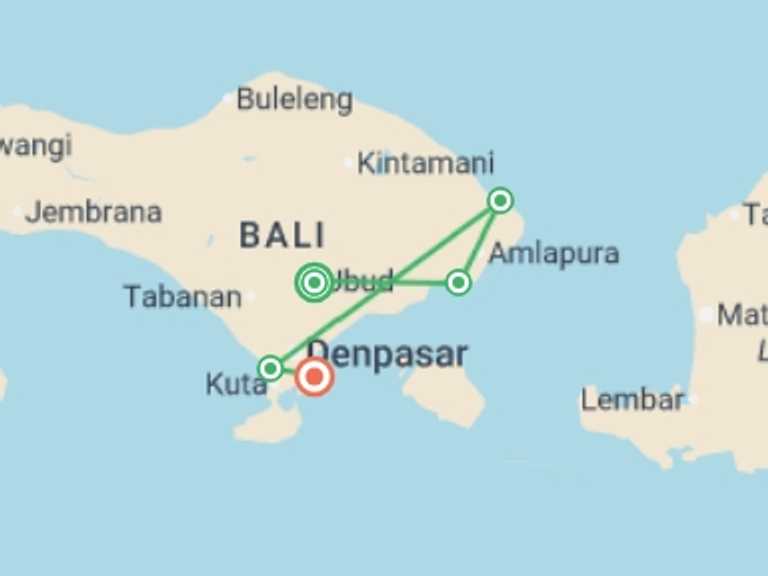 Map itinerary of Sanur Tour in December 2026 with 5 destination visits for the trip: Bali Family Holiday with Teenagers