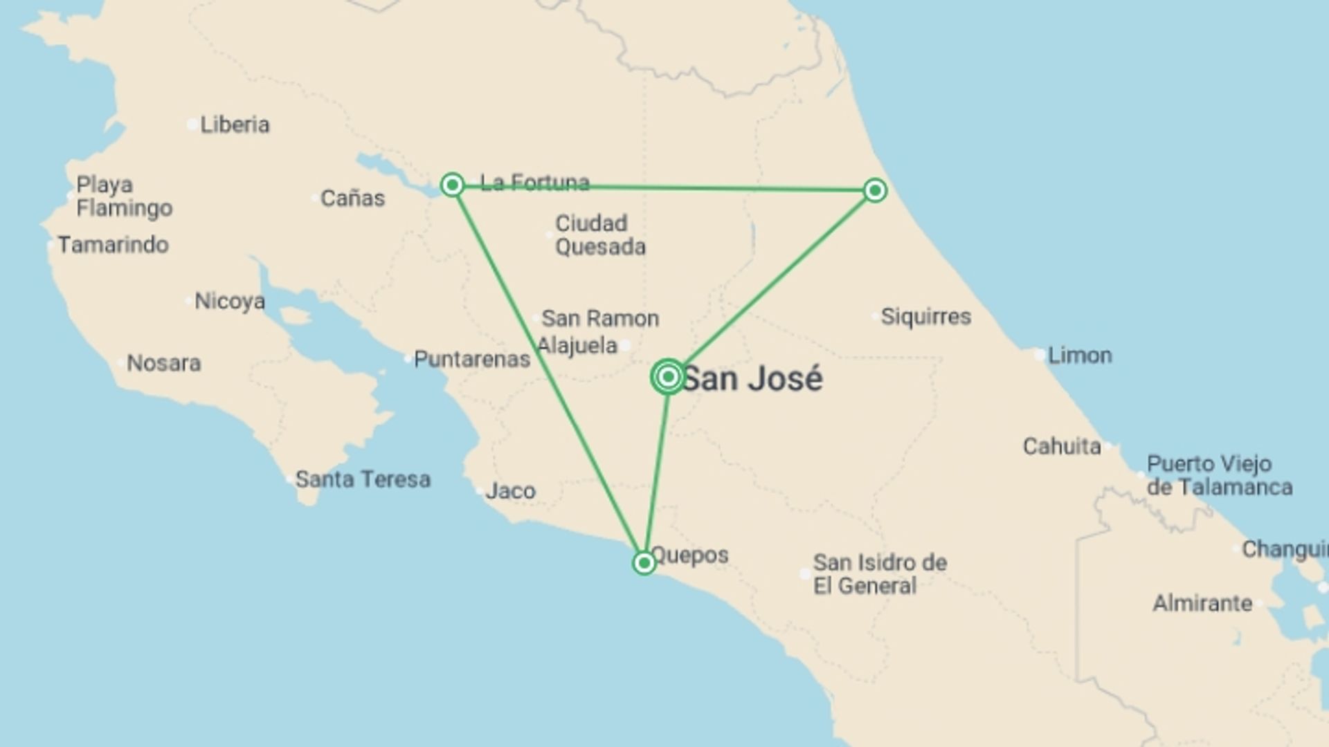 A map showing the tour itinerary for the trip: Monkeys, Jungles and Volcanoes, starting in San Jose, Costa Rica and ending in San Jose, Costa Rica going through 3 other destinations.