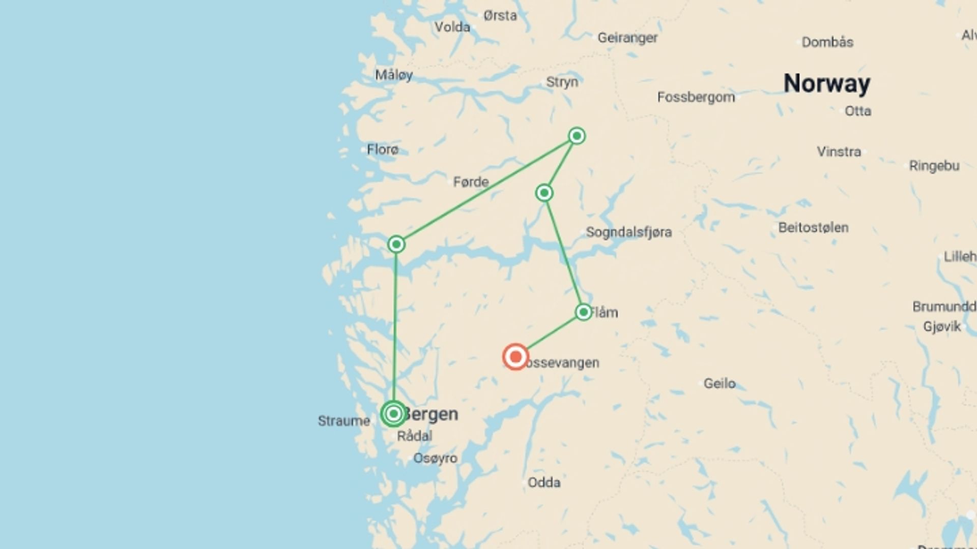 A map showing the tour itinerary for the trip: Walking the Fjords (2026), starting in Bergen, Norway and ending in Vossevangen, Norway going through 5 other destinations.