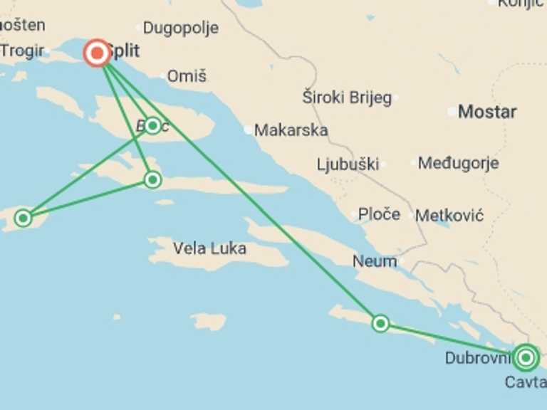 Map itinerary of Mediterranean Tour in July 2026 with 6 destination visits for the trip: Croatia Sailing Adventure: Dubrovnik to Split