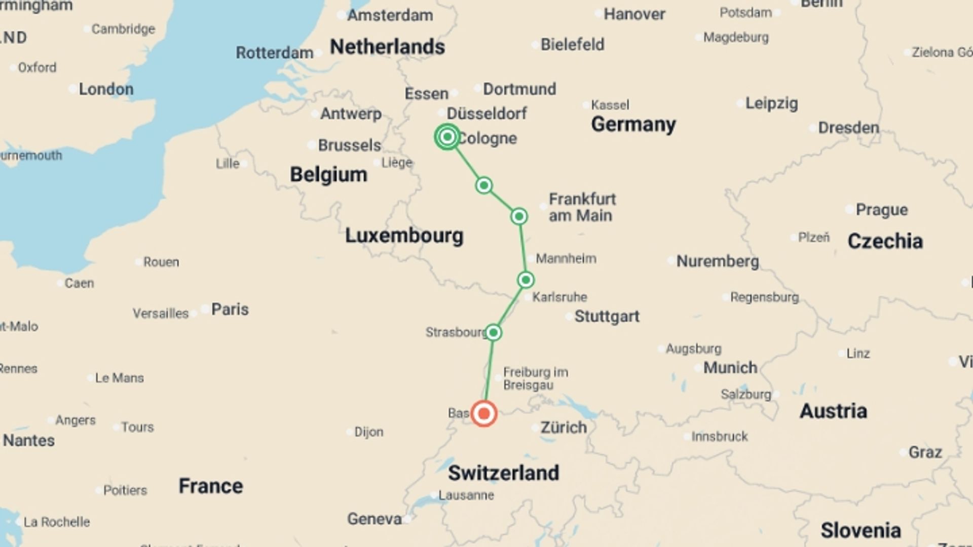 A map showing the tour itinerary for the trip: Rhine Holiday Markets (2027), starting in Cologne, Germany and ending in Basel, Switzerland going through 4 other destinations.