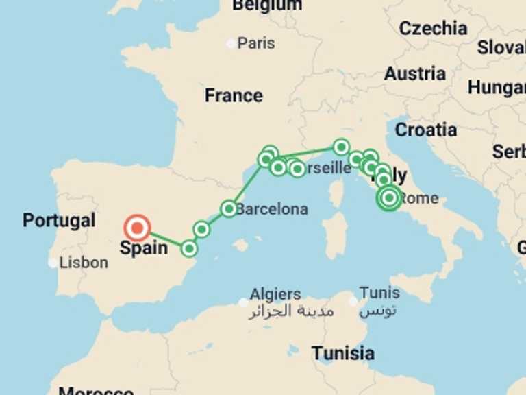 Map of 13-Day Madrid Tour with 7 destination visits for the trip: Rome, Tuscany, Côte d Azur, Provence and Spain
