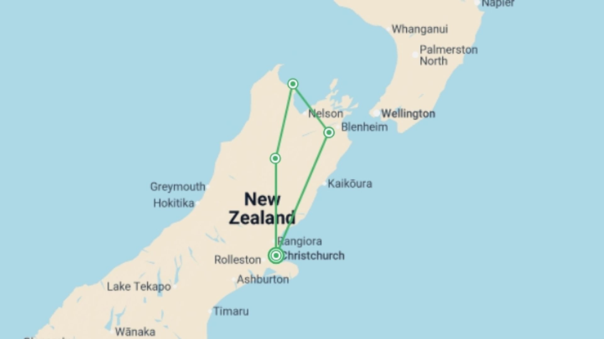 A map showing the tour itinerary for the trip: Walk New Zealand's Abel Tasman & Queen Charlotte, starting in Christchurch, New Zealand and ending in Christchurch, New Zealand going through 4 other destinations.