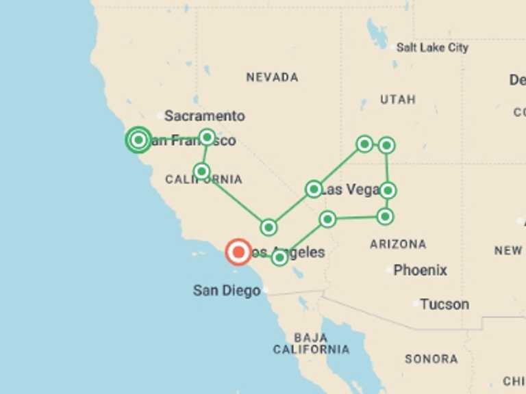 Map of 10-Day USA Tour with 7 destination visits for the trip: San Francisco, Las Vegas to Los Angeles - 10 days