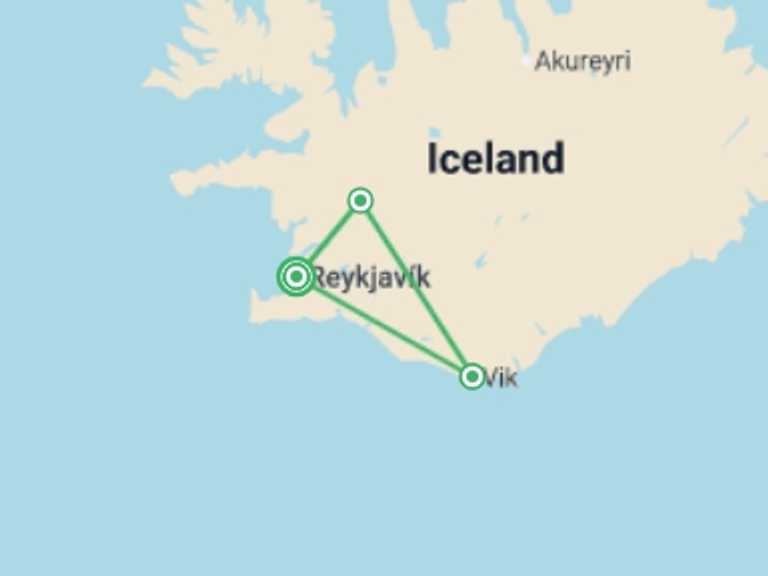 Map itinerary of Iceland Tour in Winter with 3 destination visits for the trip: Scenic Iceland and the Northern Lights