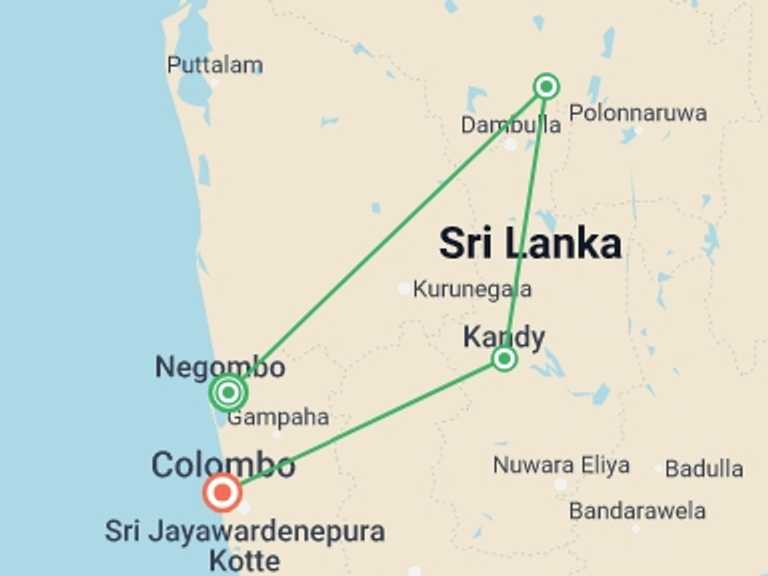 Map of Sri Lanka Tour with 3 destination visits for the trip: Spectacular Sri Lanka