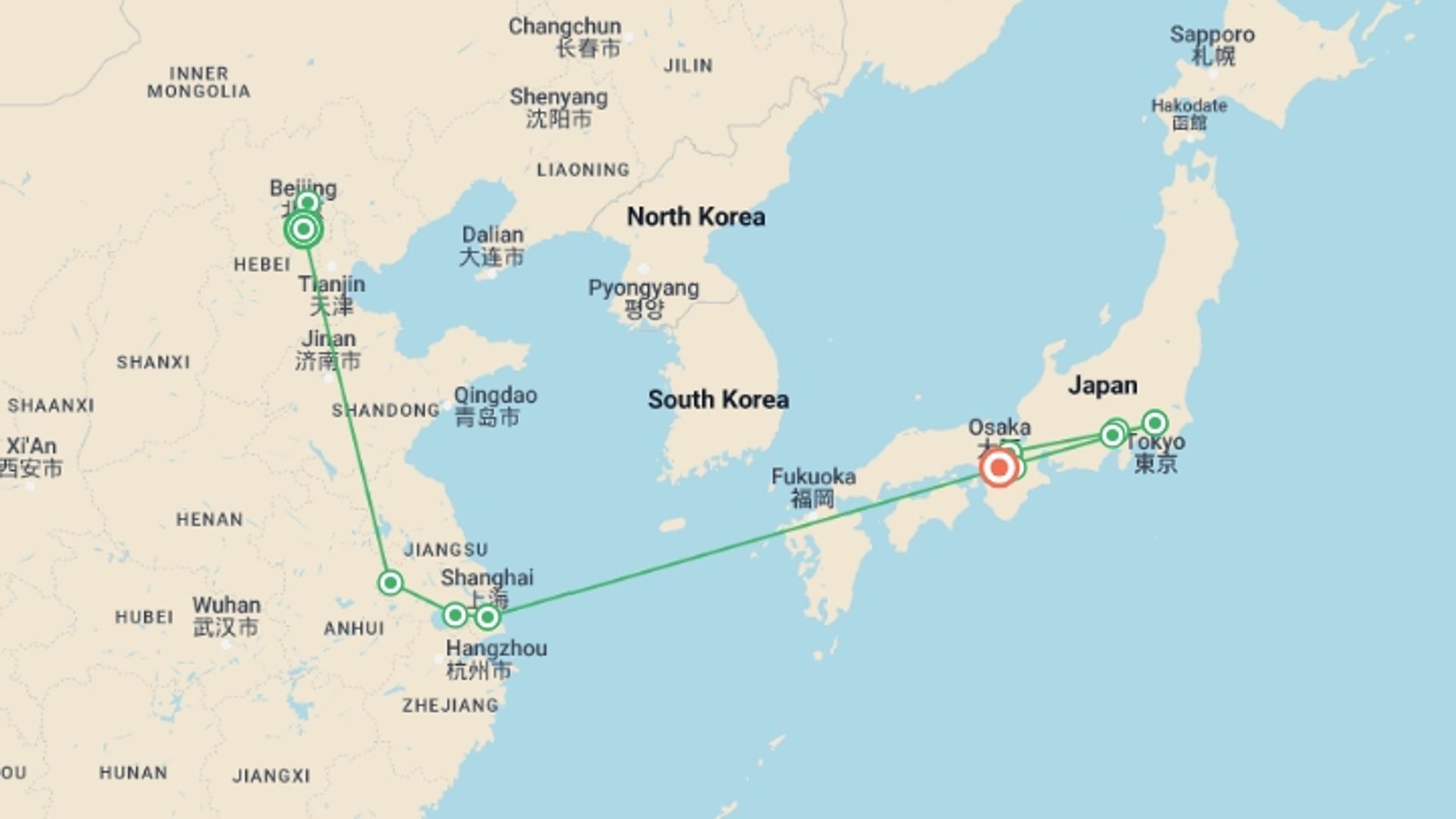A map showing the tour itinerary for the trip: Essential China and Japan, starting in Beijing, China and ending in Osaka, Japan going through 5 other destinations.