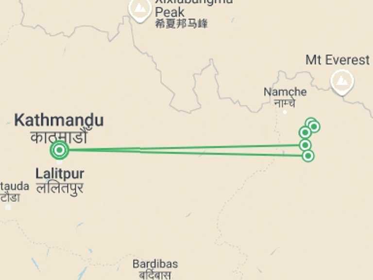 Map of Everest Panorama trek Tour with 7 destination visits for the trip: Everest-at-a-glance Trek