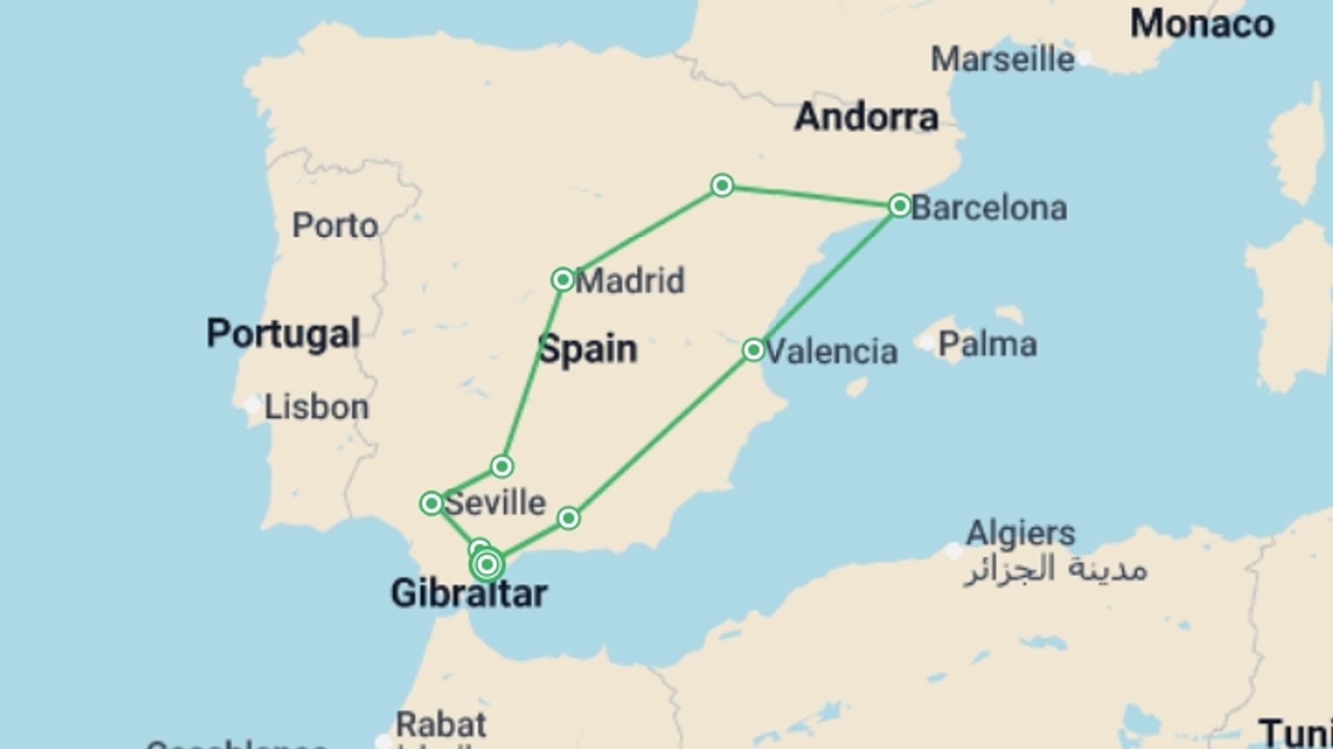 A map showing the tour itinerary for the trip: Costa del Sol to Barcelona & Madrid - 9 days, starting in Costa del Sol, Spain and ending in Costa del Sol, Spain going through 5 other destinations.