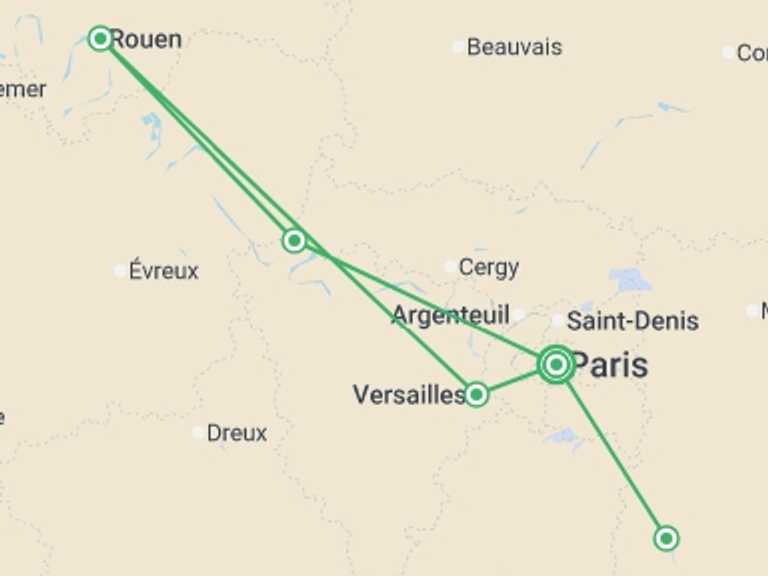 Map itinerary of France Tour in September 2026 with 5 destination visits for the trip: THE HISTORY OF FRANCE FROM PARIS TO NORMANDY Between heritage, landscapes, and Impressionist nuances (port-to-port cruise)