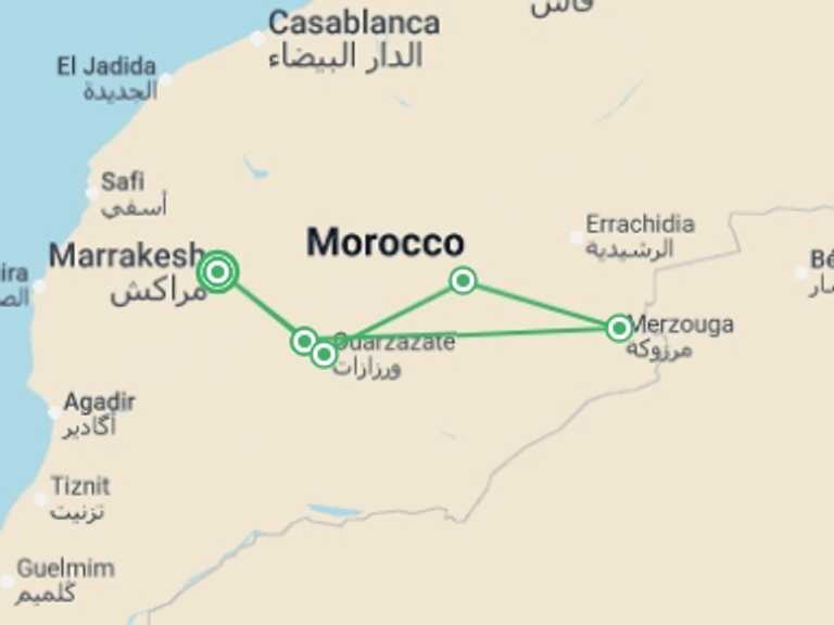 Map itinerary of Mediterranean Tour in November 2026 with 5 destination visits for the trip: MARRAKECH to MARRAKECH (9 days) Souks & Sand Dunes