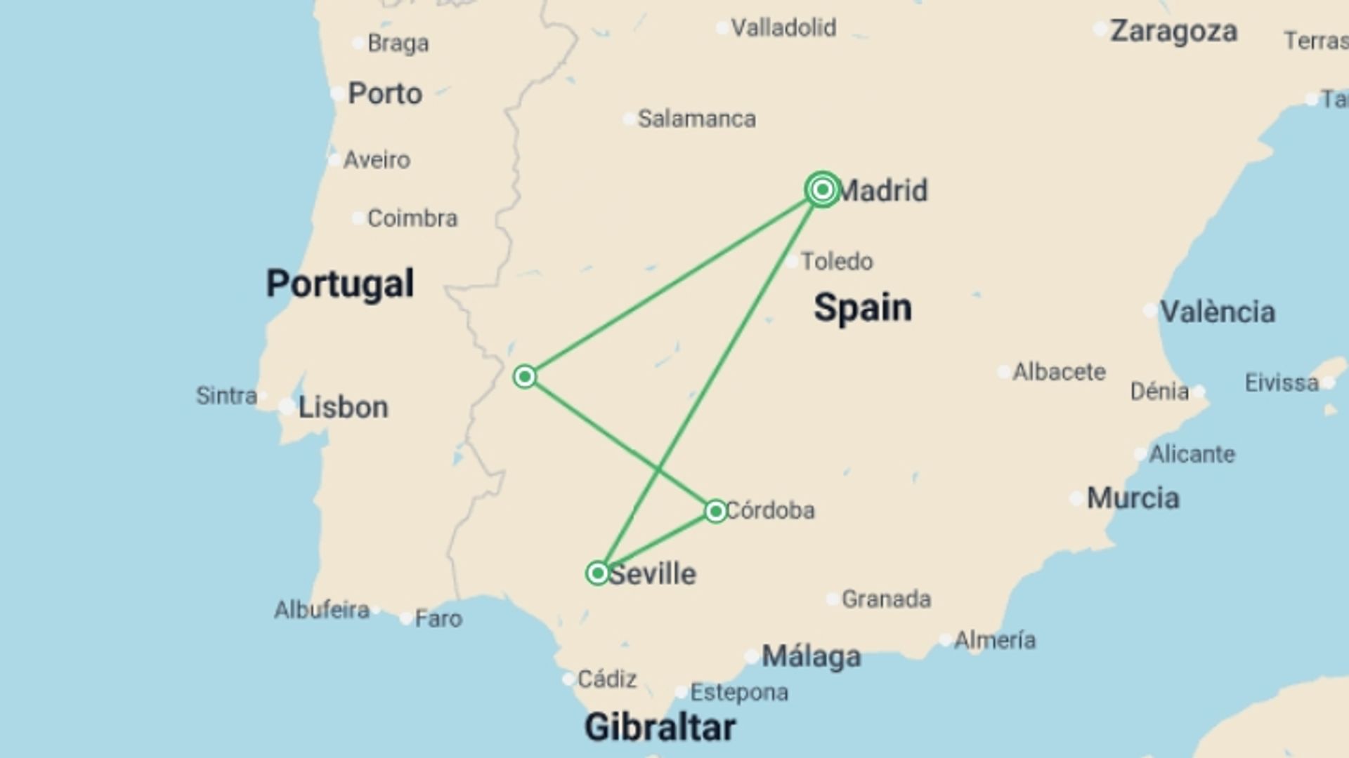 A map showing the tour itinerary for the trip: Merida, Cordoba & Seville - 4 days, starting in Madrid, Spain and ending in Madrid, Spain going through 2 other destinations.