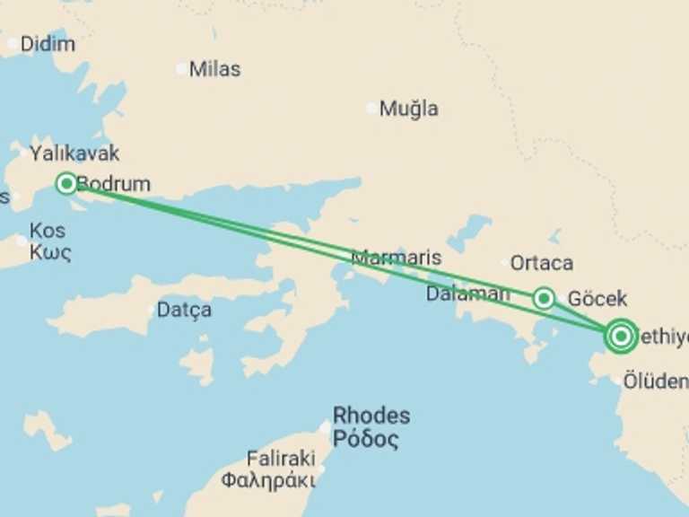 Map of Fethiye Explorer Tour with 3 destination visits for the trip: Wonders and Waves Gulet Tour