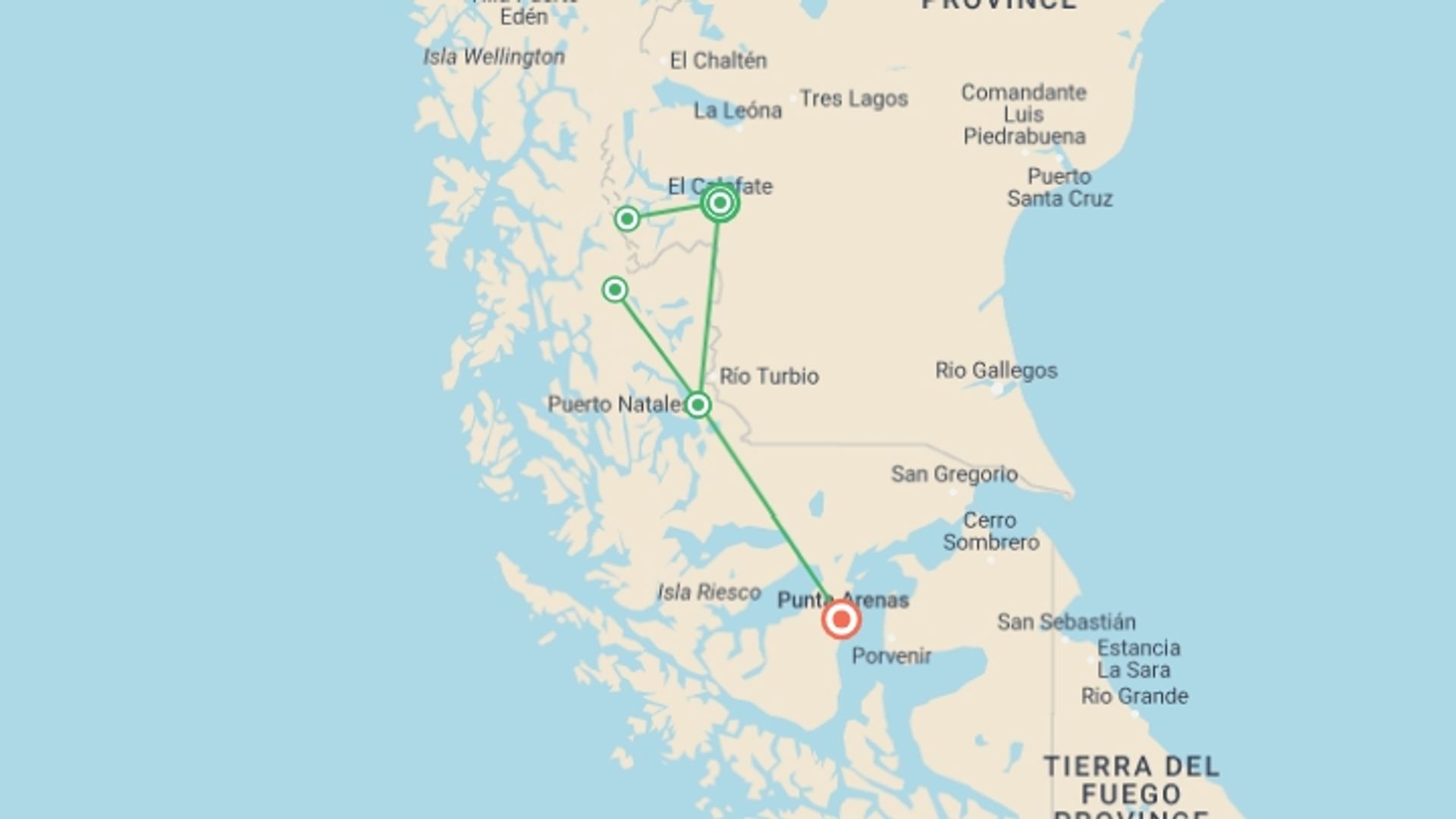 A map showing the tour itinerary for the trip: Mountains and Glaciers: El Calafate and Torres del Paine, starting in El Calafate, Argentina and ending in Punta Arenas, Chile going through 3 other destinations.