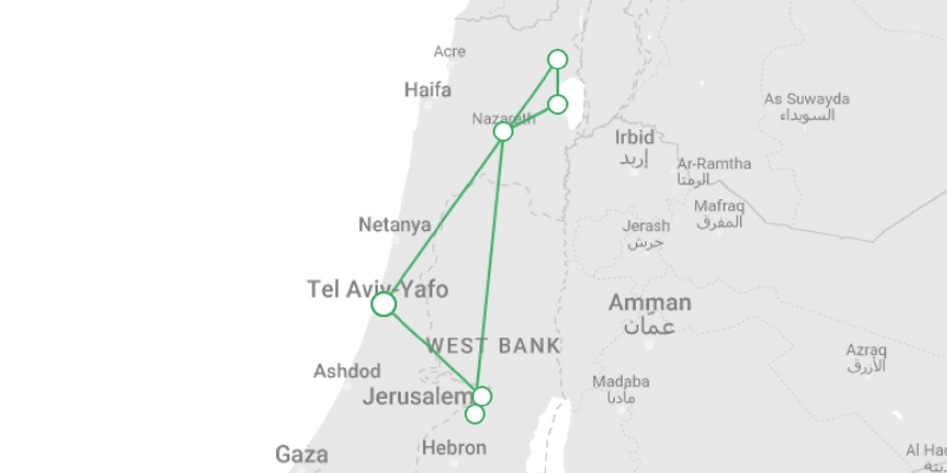 A map showing the tour itinerary for the trip: Biblical Lands (5 Star) - 8 days, starting in Tel Aviv, Israel and ending in Tel Aviv, Israel going through 4 other destinations.