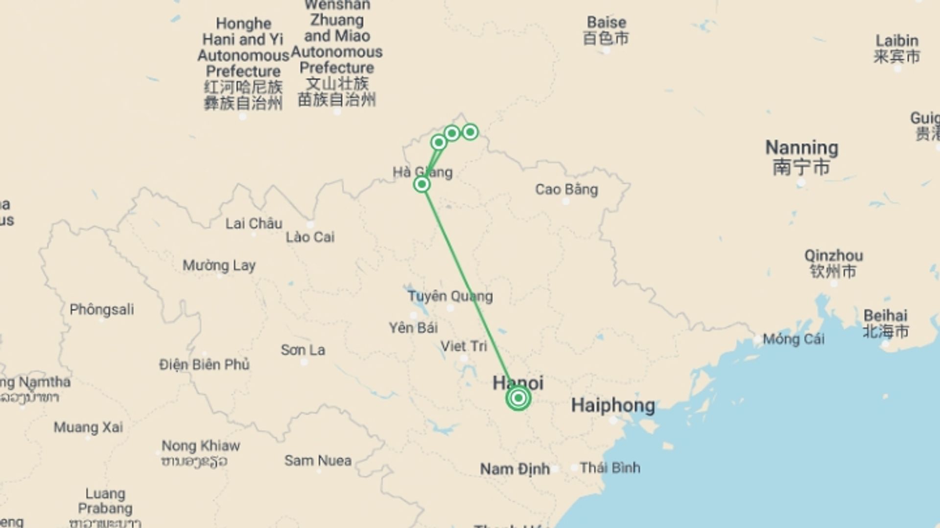 A map showing the tour itinerary for the trip: Ha Giang Loop Trekking 4 Days 3 Nights, starting in Hanoi, Vietnam and ending in Hanoi, Vietnam going through 2 other destinations.