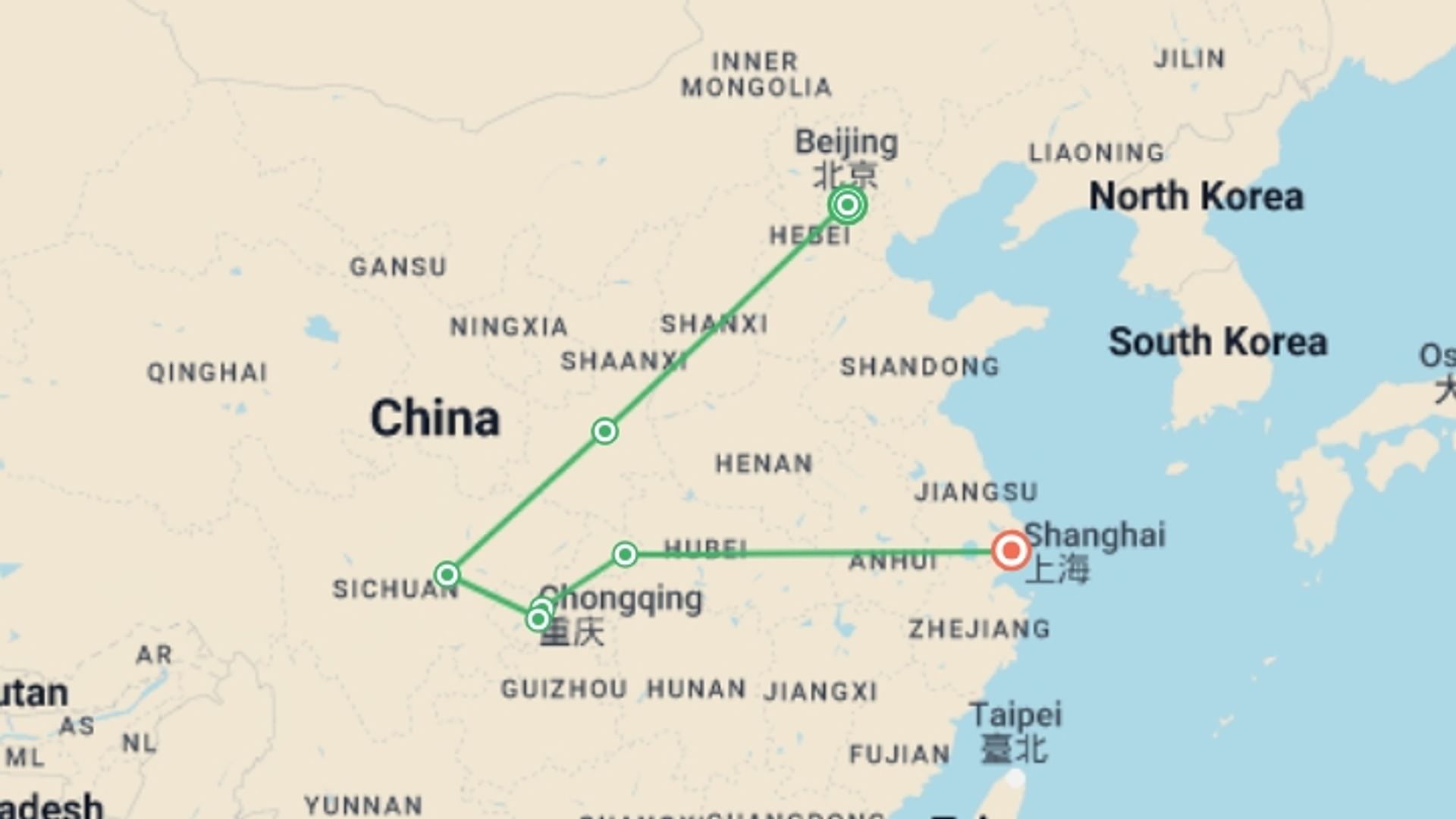 A map showing the tour itinerary for the trip: Premium China Small Group Discovery Tour with Yangtze River Cruise, starting in Beijing, China and ending in Shanghai, China going through 5 other destinations.