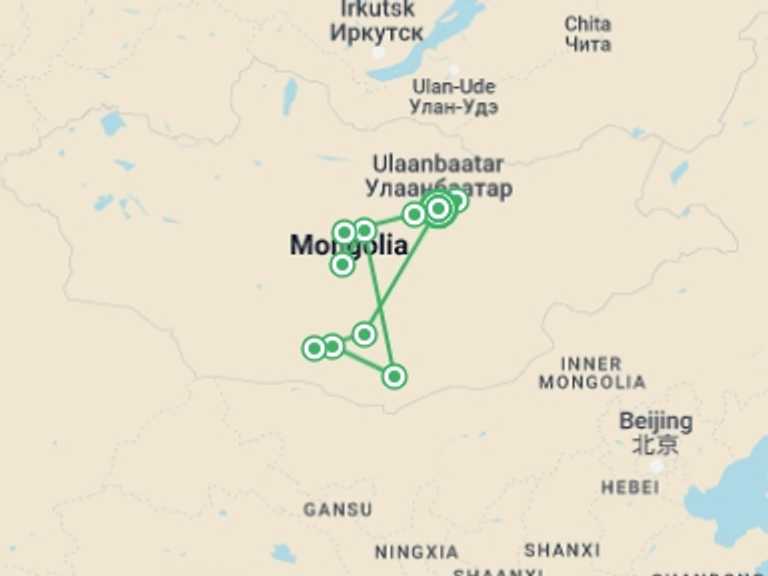 Map of a Festivals and events Tour with 12 destination visits for the trip: Discover Mongolia - Naadam Festival
