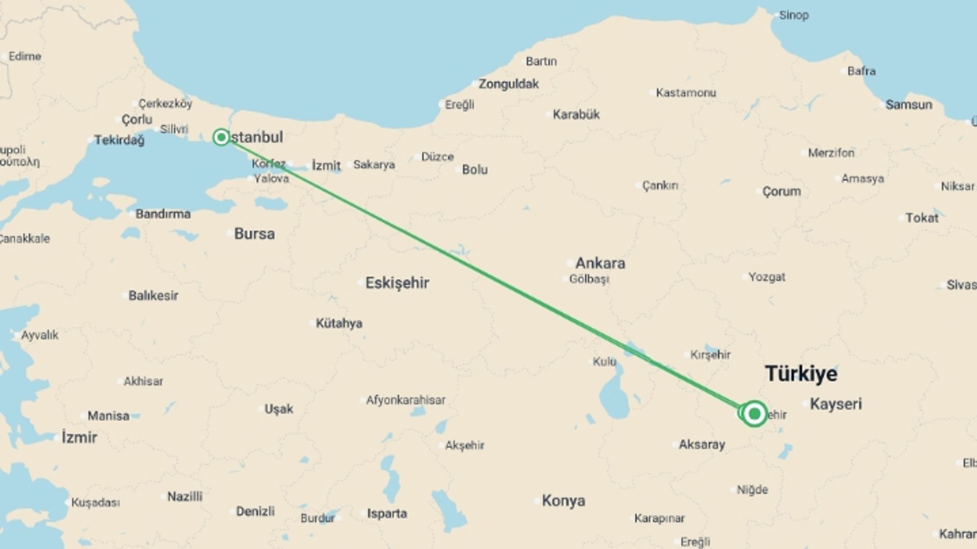 A map showing the tour itinerary for the trip: Cappadocia Tour, starting in Urgup, Turkey and ending in Urgup, Turkey going through 2 other destinations.
