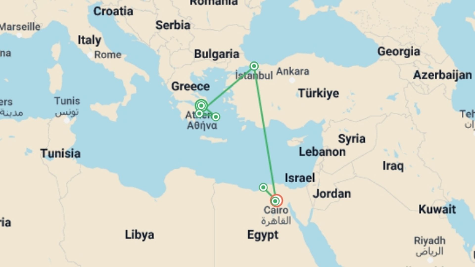A map showing the tour itinerary for the trip: Greece - Turkey - Egypt : In Search For Ancient Civilizations, starting in Athens, Greece and ending in Cairo, Egypt going through 4 other destinations.