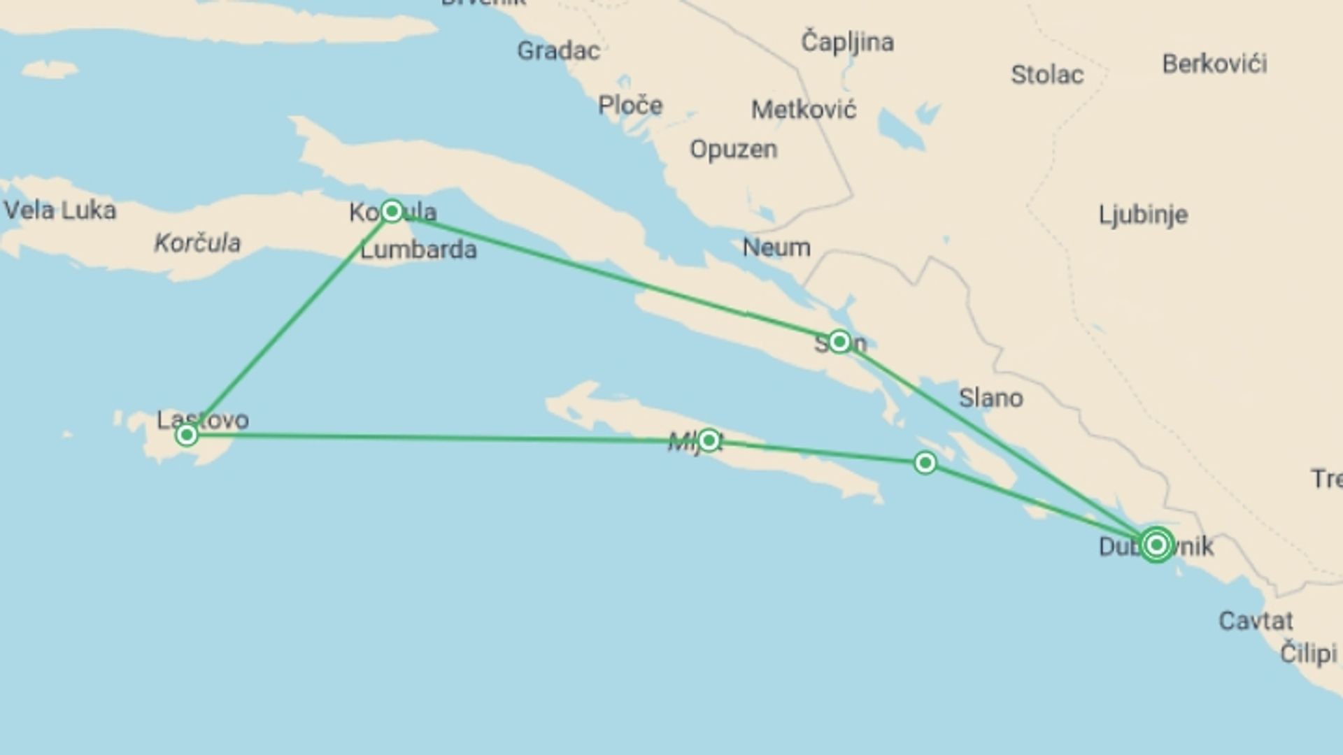 A map showing the tour itinerary for the trip: Sail Croatia on a Catamaran Cruise, starting in Dubrovnik, Croatia and ending in Dubrovnik, Croatia going through 6 other destinations.