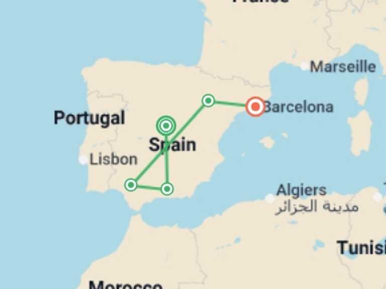 Map itinerary of Spain Tour in March 2027 with 5 destination visits for the trip: Classical Spain (without Alhambra)