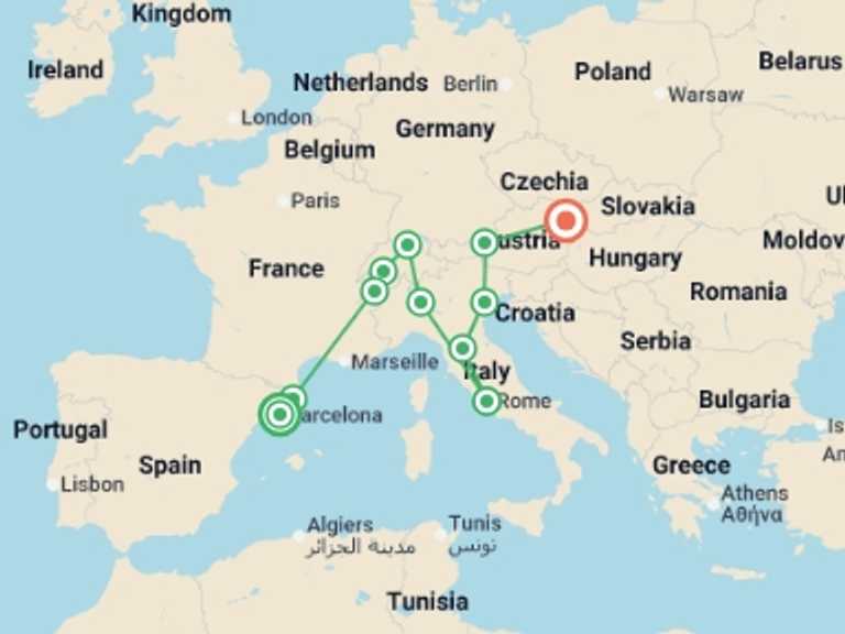 Map itinerary of Zurich Tour in Fall with 12 destination visits for the trip: Essential Spain, Switzerland, Italy and Austria