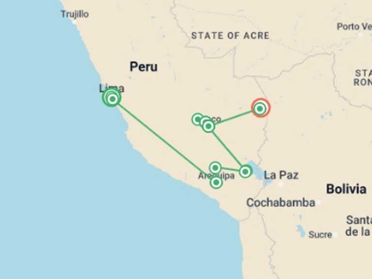 Map of Lima Adventure Tour with 11 destination visits for the trip: Upgraded - Discover Peru + the Amazon